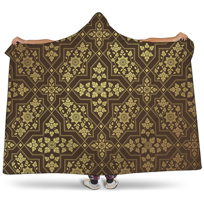 Gold And Brown Thai Pattern Print Hooded Blanket