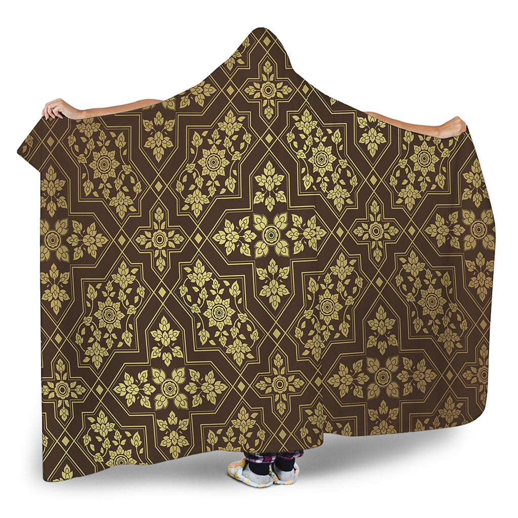 Gold And Brown Thai Pattern Print Hooded Blanket
