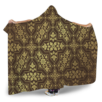 Gold And Brown Thai Pattern Print Hooded Blanket