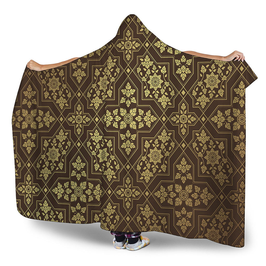 Gold And Brown Thai Pattern Print Hooded Blanket