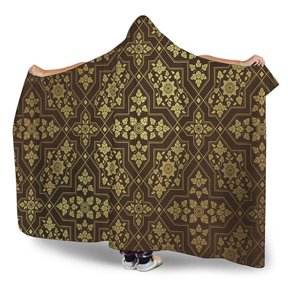 Gold And Brown Thai Pattern Print Hooded Blanket