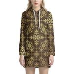 Gold And Brown Thai Pattern Print Hoodie Dress