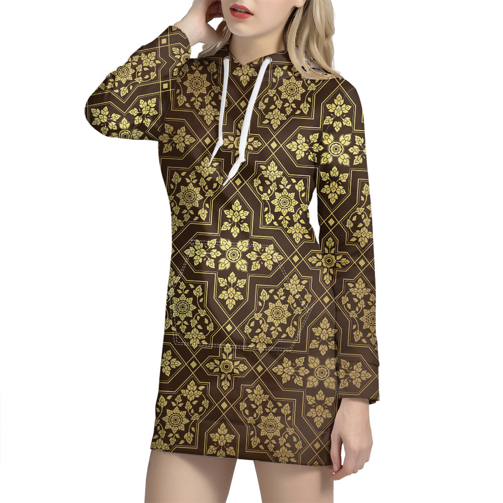 Gold And Brown Thai Pattern Print Hoodie Dress