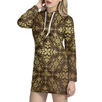 Gold And Brown Thai Pattern Print Hoodie Dress