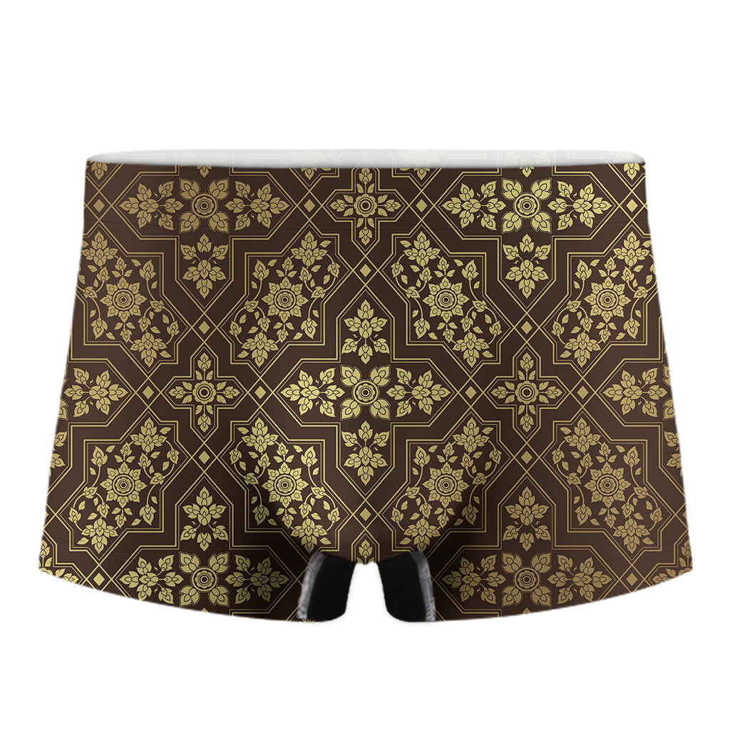 Gold And Brown Thai Pattern Print Men's Boxer Briefs