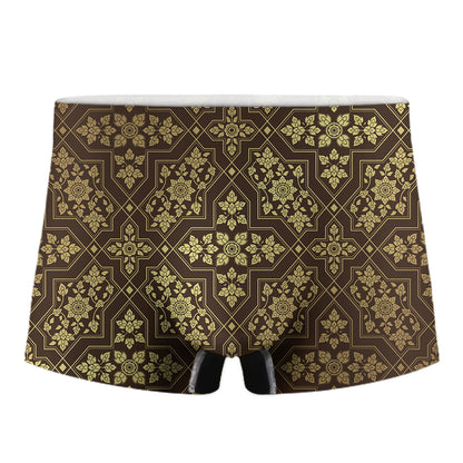 Gold And Brown Thai Pattern Print Men's Boxer Briefs