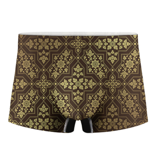 Gold And Brown Thai Pattern Print Men's Boxer Briefs