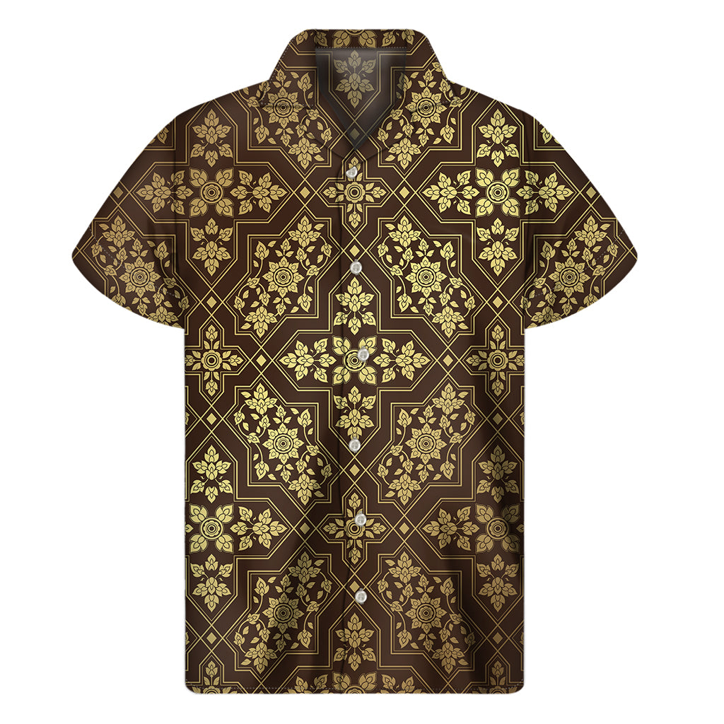 Gold And Brown Thai Pattern Print Men's Short Sleeve Shirt