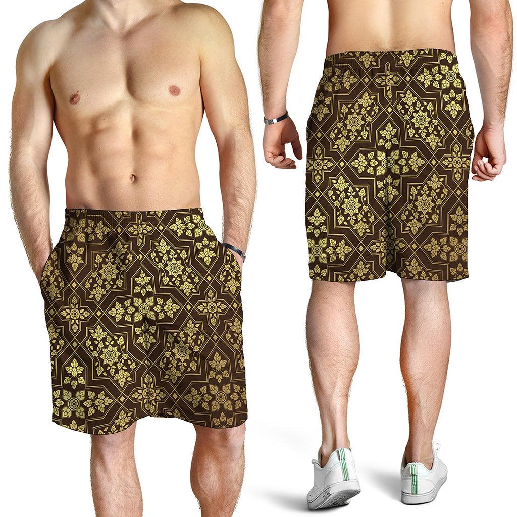 Gold And Brown Thai Pattern Print Men's Shorts