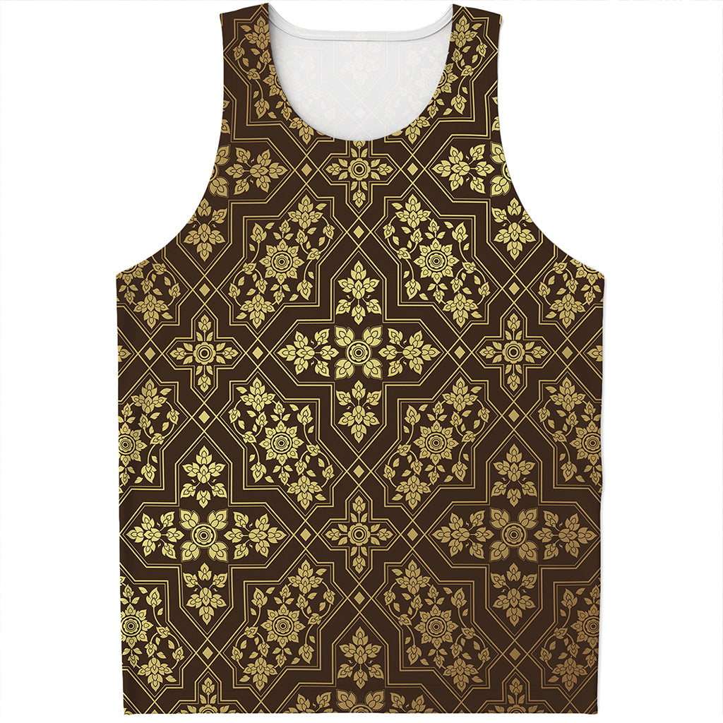 Gold And Brown Thai Pattern Print Men's Tank Top