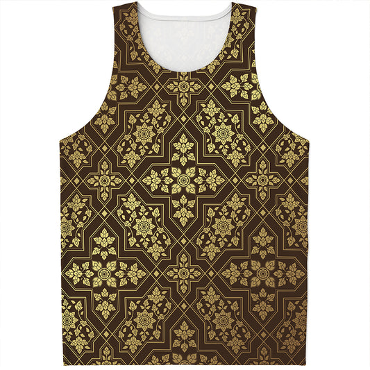 Gold And Brown Thai Pattern Print Men's Tank Top