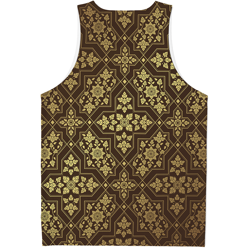 Gold And Brown Thai Pattern Print Men's Tank Top