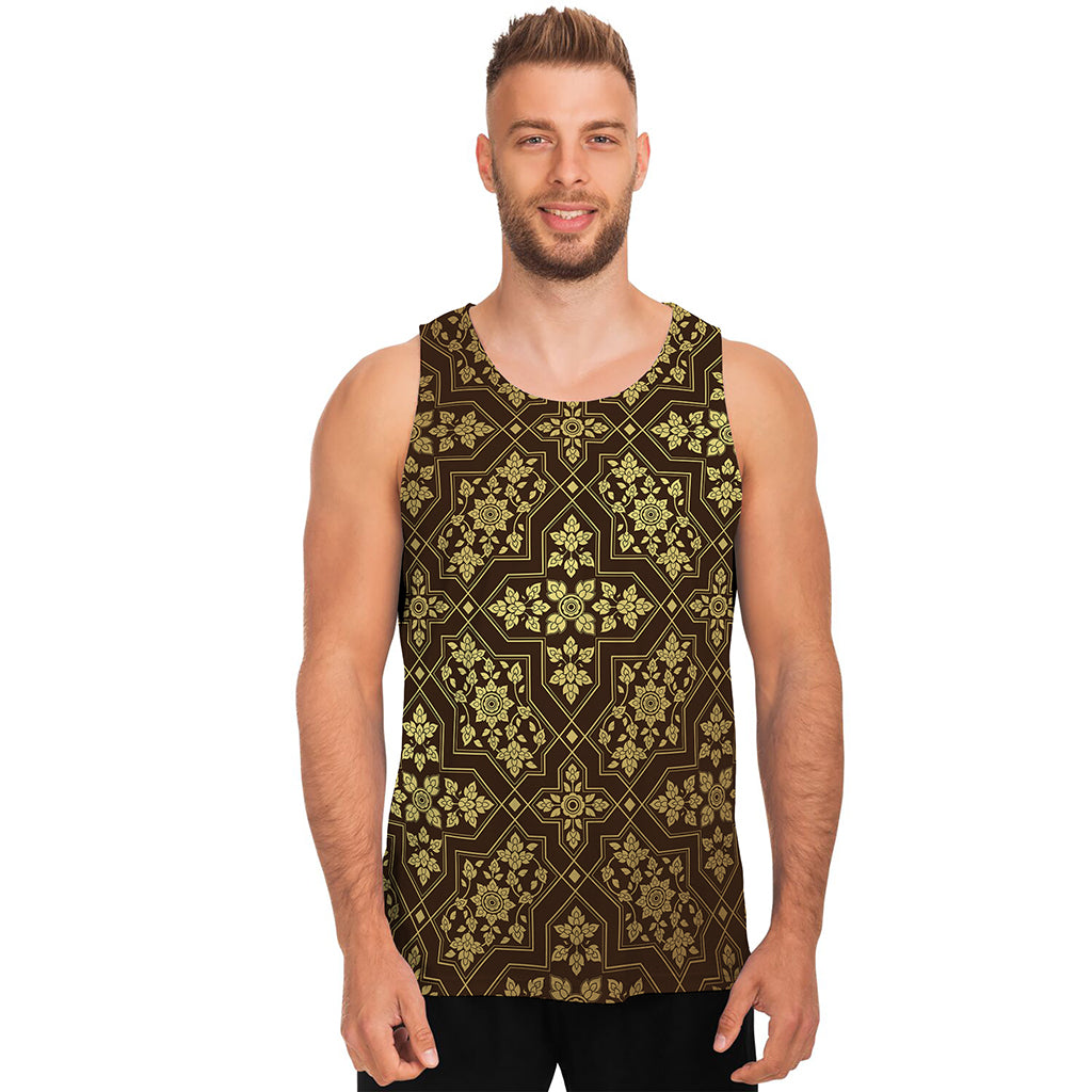 Gold And Brown Thai Pattern Print Men's Tank Top
