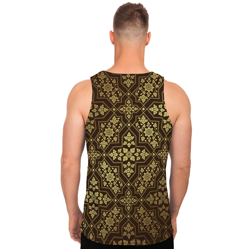Gold And Brown Thai Pattern Print Men's Tank Top