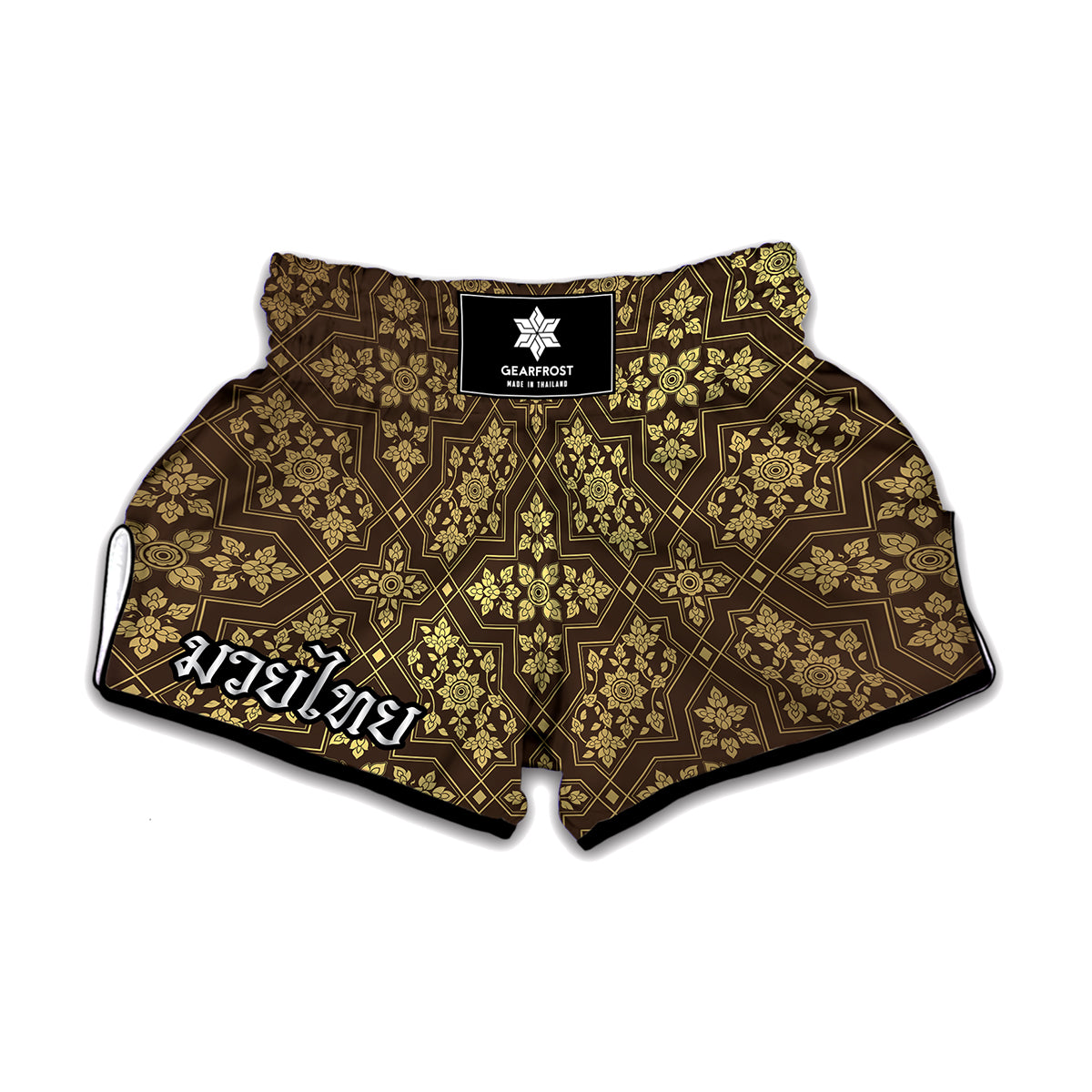Gold And Brown Thai Pattern Print Muay Thai Boxing Shorts