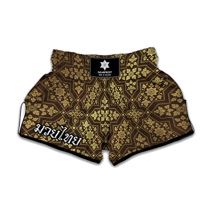 Gold And Brown Thai Pattern Print Muay Thai Boxing Shorts