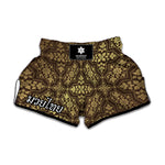 Gold And Brown Thai Pattern Print Muay Thai Boxing Shorts