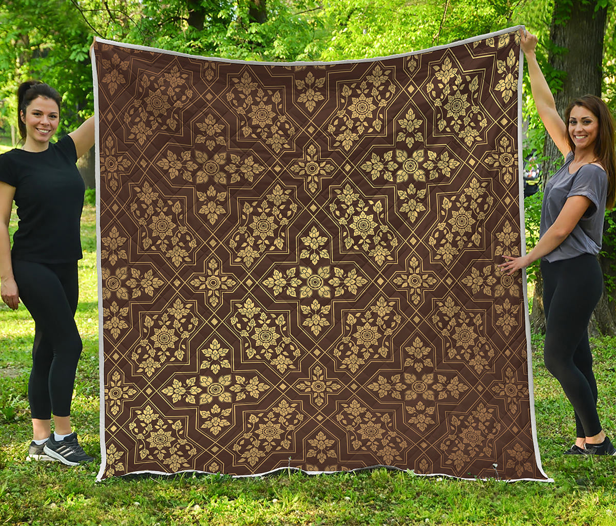 Gold And Brown Thai Pattern Print Quilt