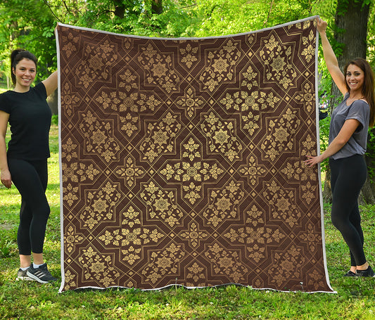 Gold And Brown Thai Pattern Print Quilt