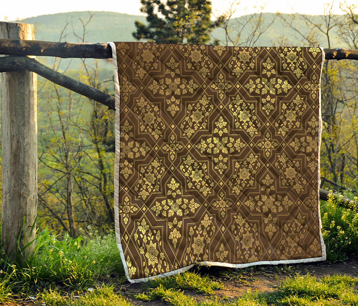 Gold And Brown Thai Pattern Print Quilt