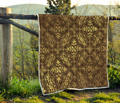 Gold And Brown Thai Pattern Print Quilt