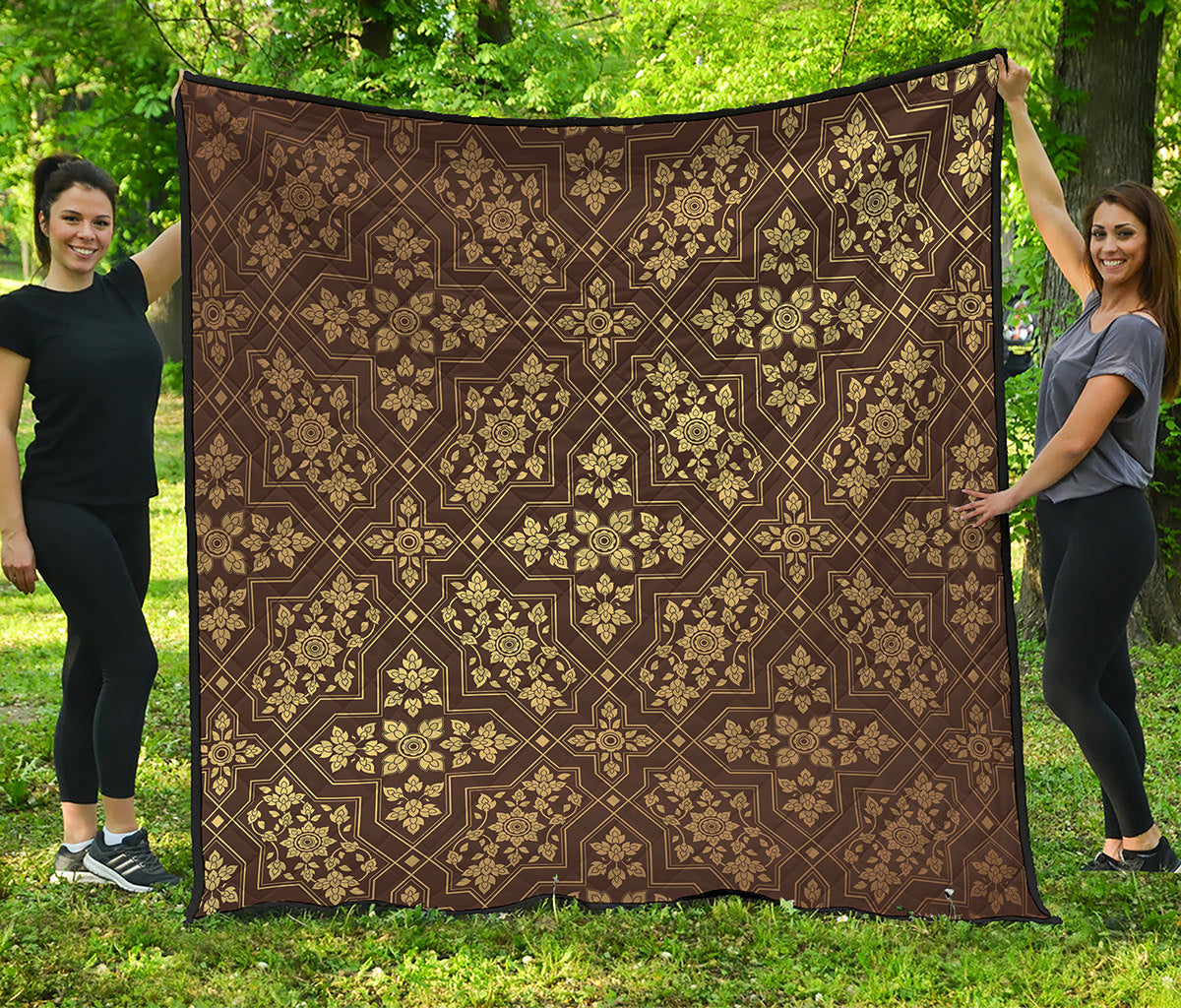 Gold And Brown Thai Pattern Print Quilt