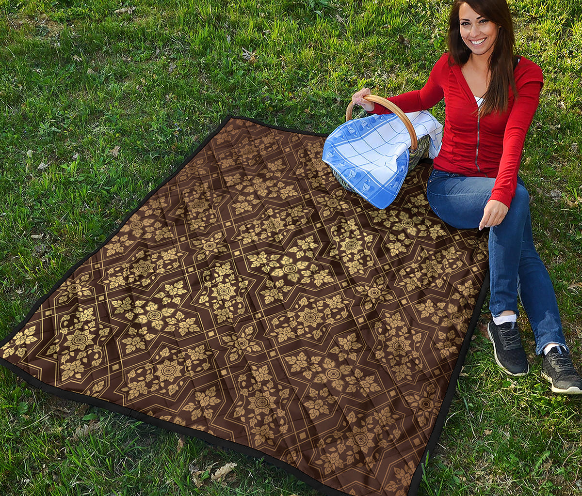 Gold And Brown Thai Pattern Print Quilt