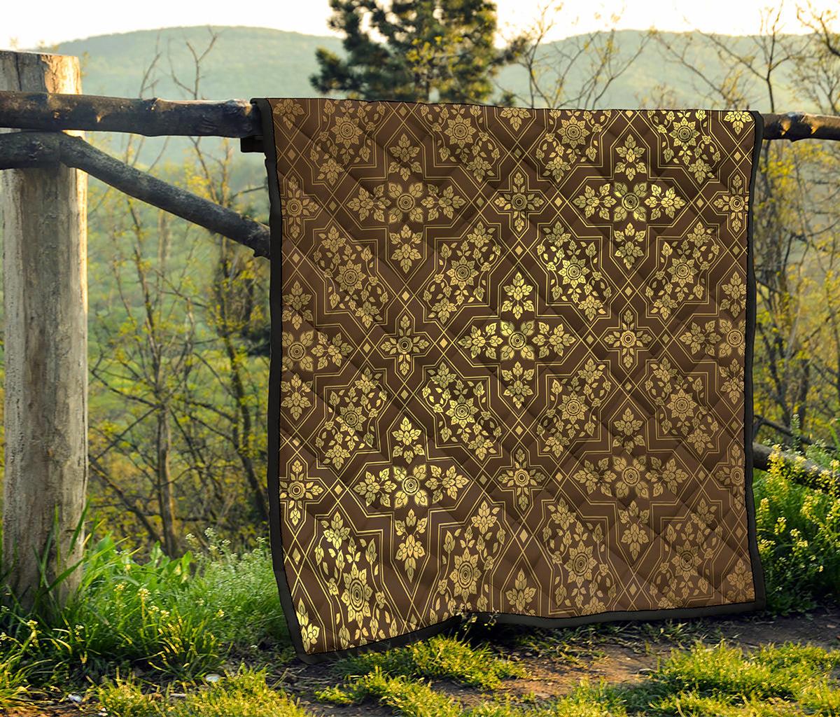 Gold And Brown Thai Pattern Print Quilt