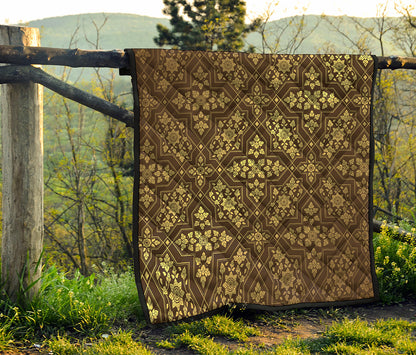 Gold And Brown Thai Pattern Print Quilt