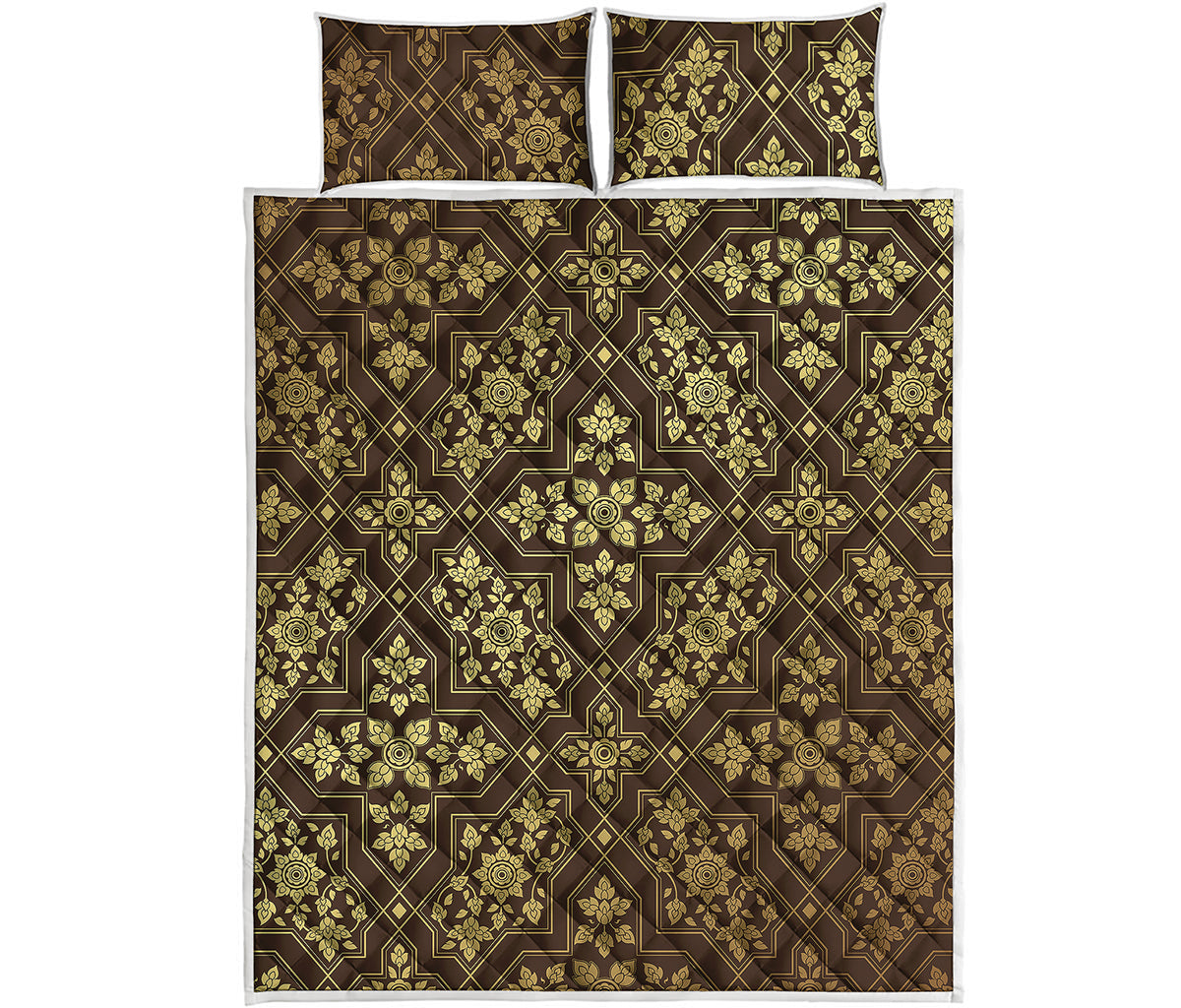 Gold And Brown Thai Pattern Print Quilt Bed Set