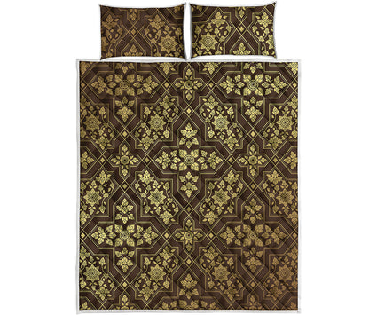 Gold And Brown Thai Pattern Print Quilt Bed Set