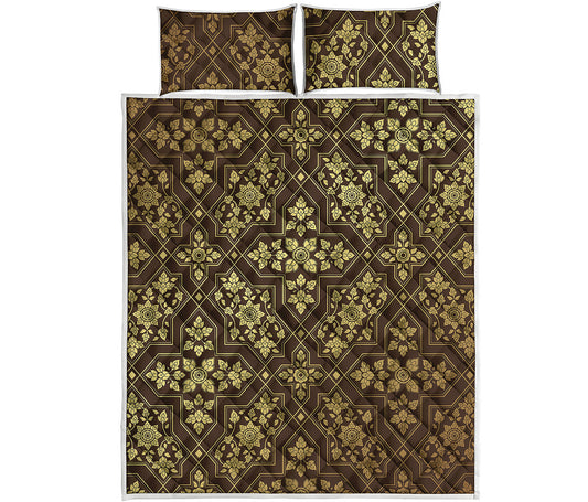 Gold And Brown Thai Pattern Print Quilt Bed Set