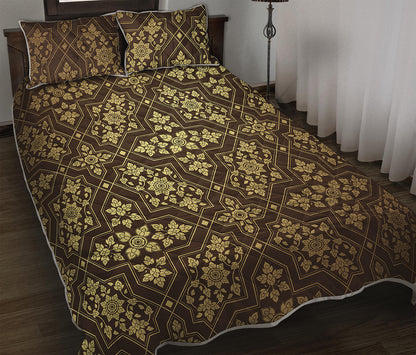 Gold And Brown Thai Pattern Print Quilt Bed Set