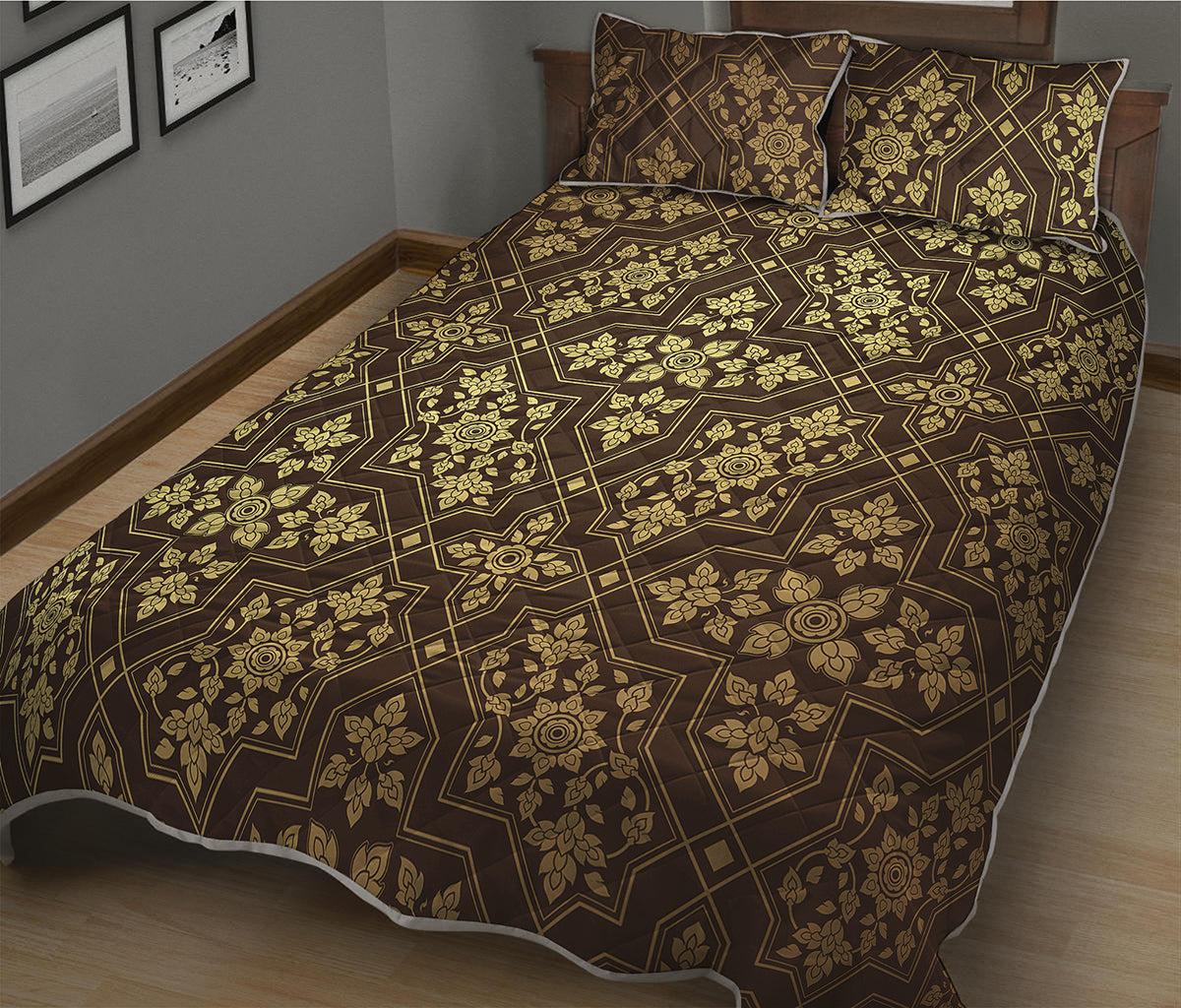 Gold And Brown Thai Pattern Print Quilt Bed Set
