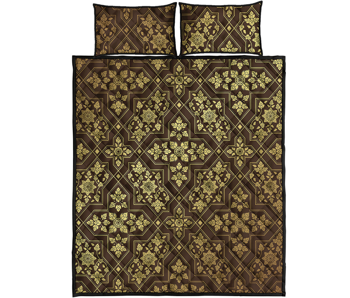 Gold And Brown Thai Pattern Print Quilt Bed Set