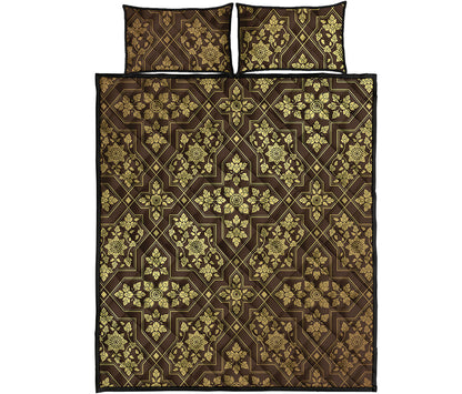 Gold And Brown Thai Pattern Print Quilt Bed Set
