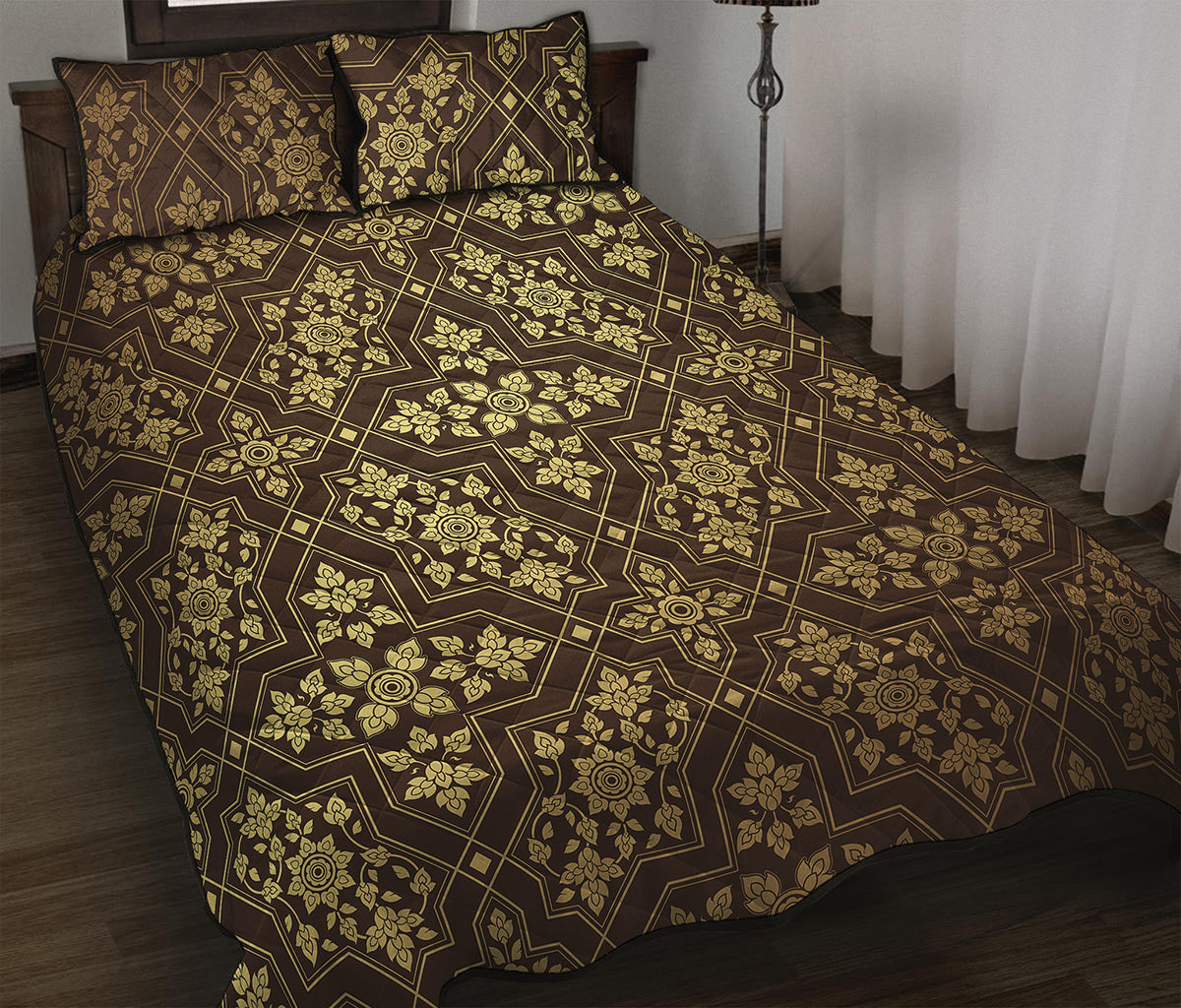 Gold And Brown Thai Pattern Print Quilt Bed Set
