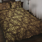 Gold And Brown Thai Pattern Print Quilt Bed Set