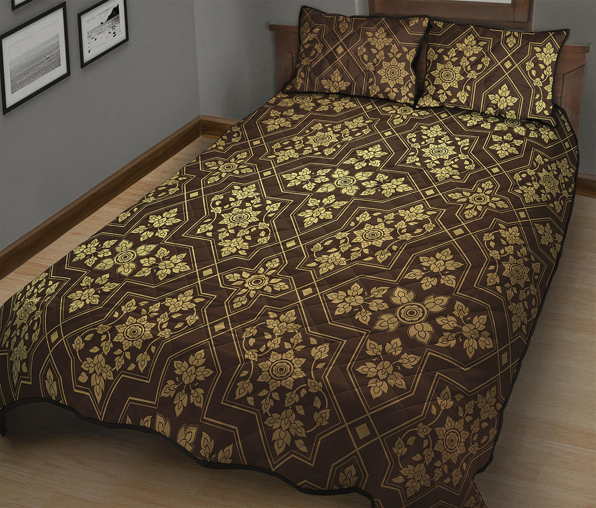 Gold And Brown Thai Pattern Print Quilt Bed Set