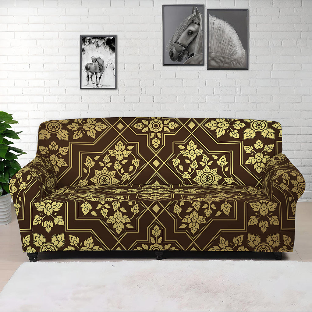 Gold And Brown Thai Pattern Print Sofa Cover