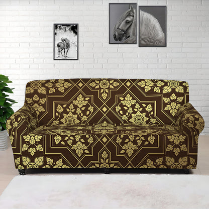 Gold And Brown Thai Pattern Print Sofa Cover