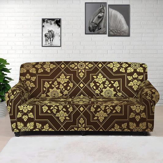 Gold And Brown Thai Pattern Print Sofa Cover
