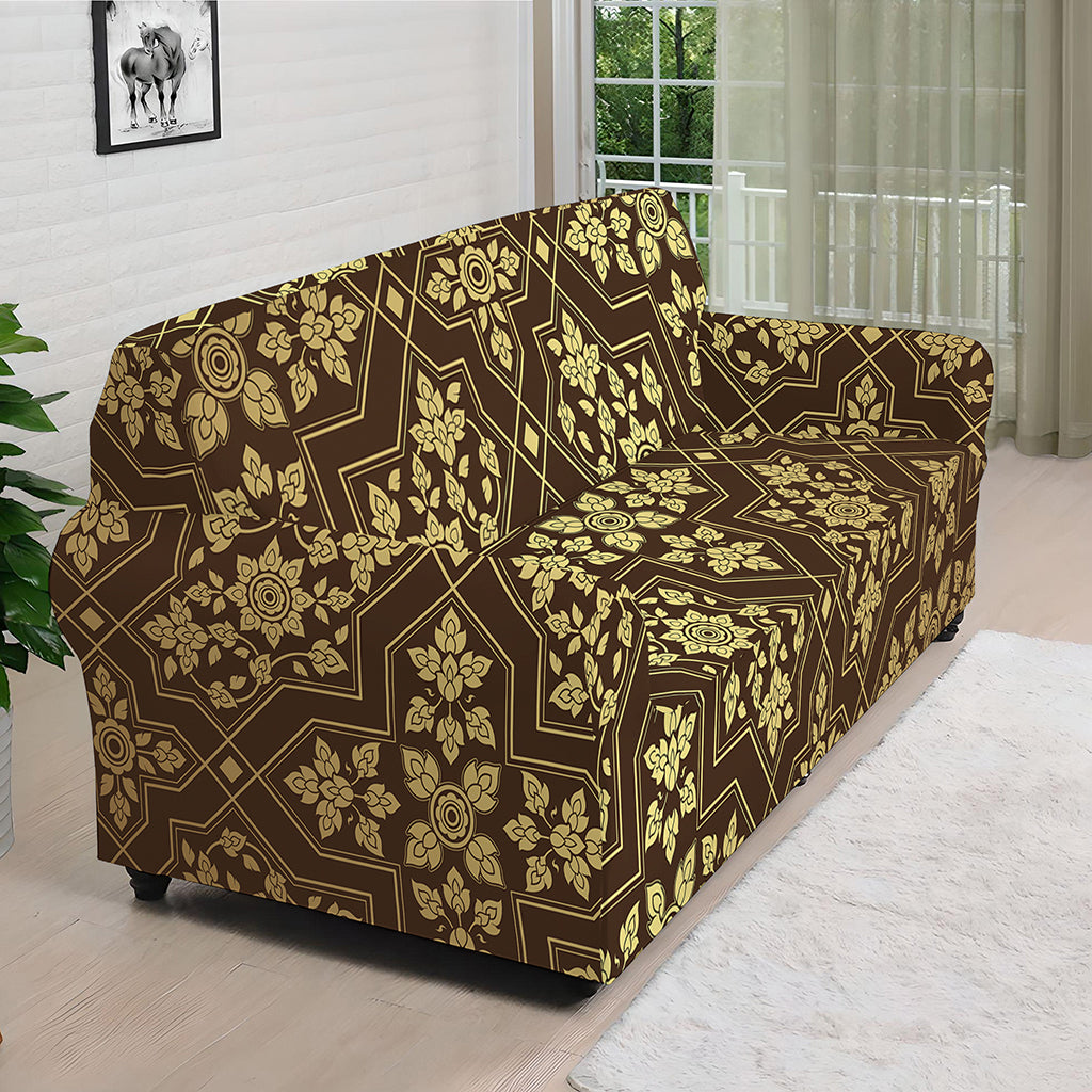 Gold And Brown Thai Pattern Print Sofa Cover