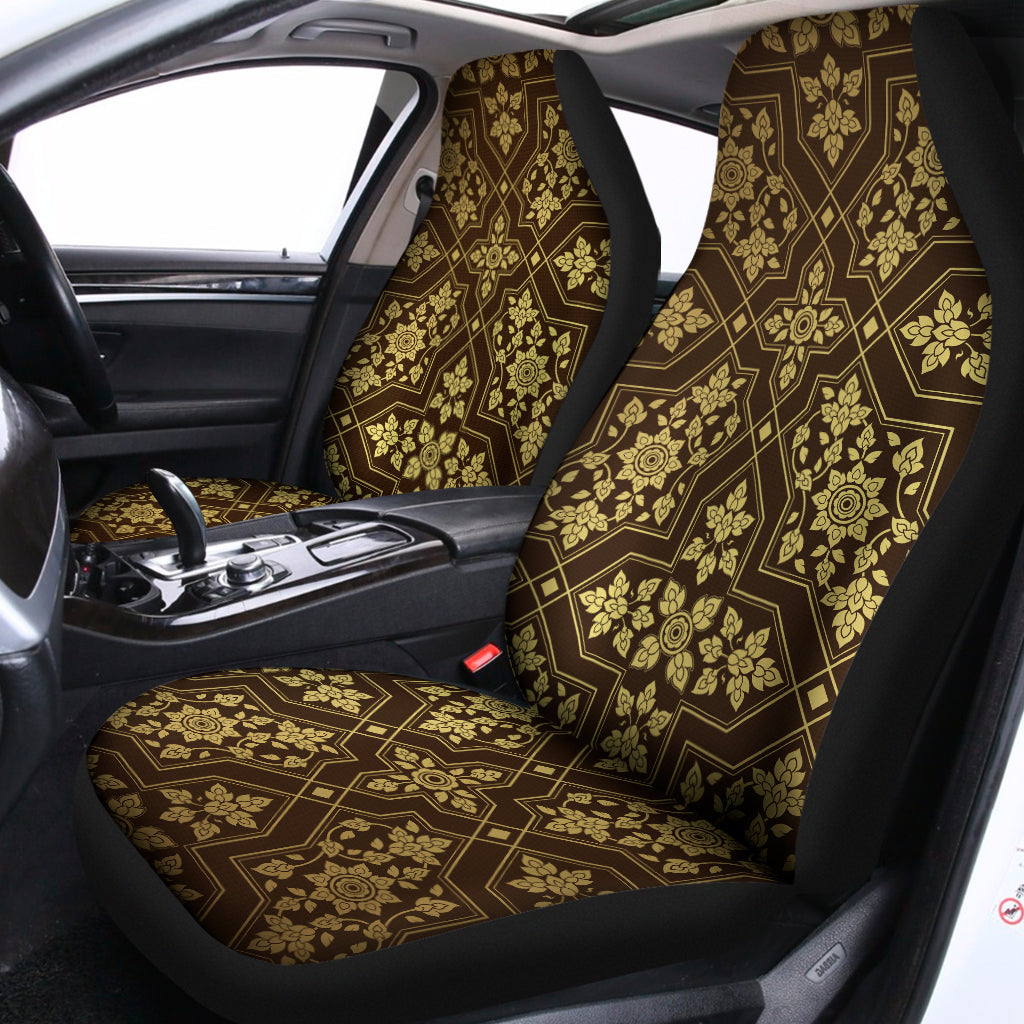 Gold And Brown Thai Pattern Print Universal Fit Car Seat Covers