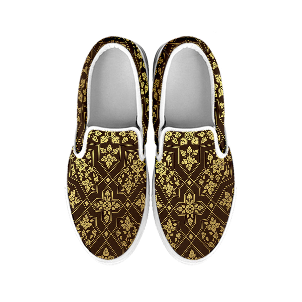 Gold And Brown Thai Pattern Print White Slip On Shoes