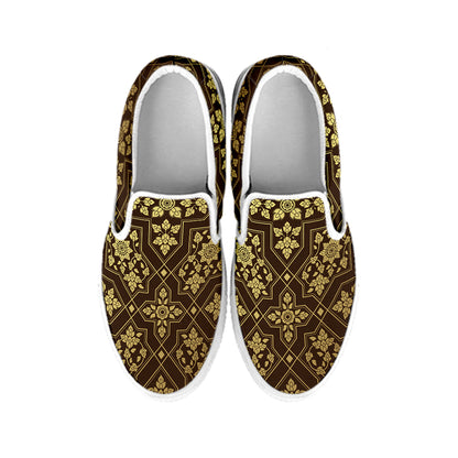 Gold And Brown Thai Pattern Print White Slip On Shoes