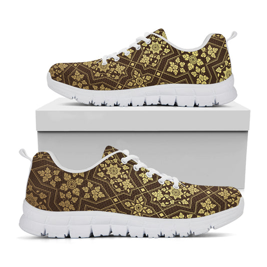 Gold And Brown Thai Pattern Print White Sneakers