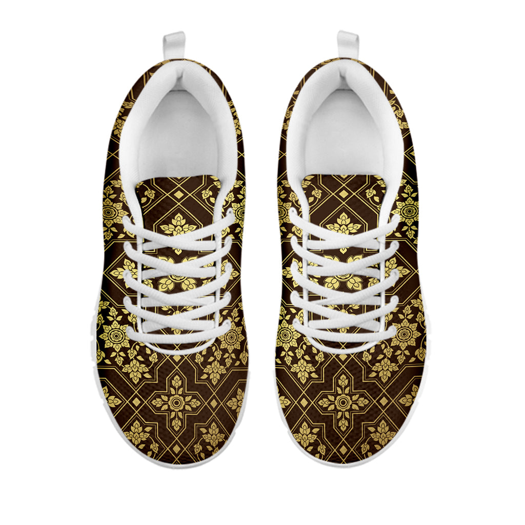 Gold And Brown Thai Pattern Print White Sneakers