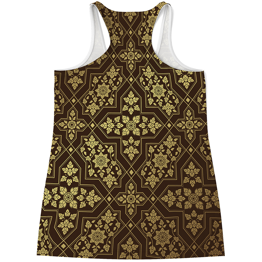 Gold And Brown Thai Pattern Print Women's Racerback Tank Top