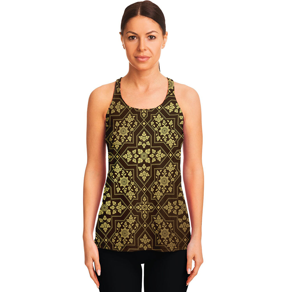 Gold And Brown Thai Pattern Print Women's Racerback Tank Top